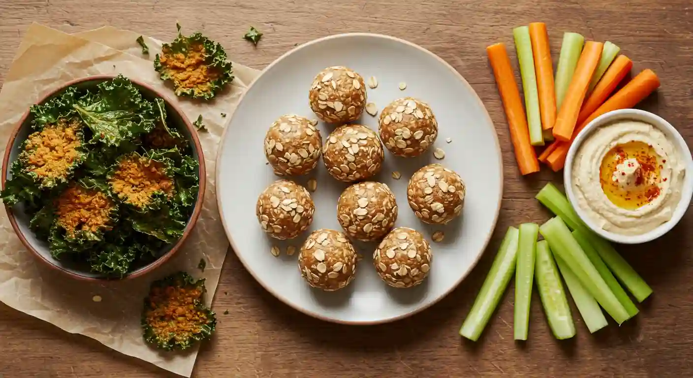 A plate of gluten-free energy balls topped with oats, accompanied by kale chips, fresh vegetable sticks, and a bowl of hummus drizzled with olive oil and spices on a rustic wooden table.