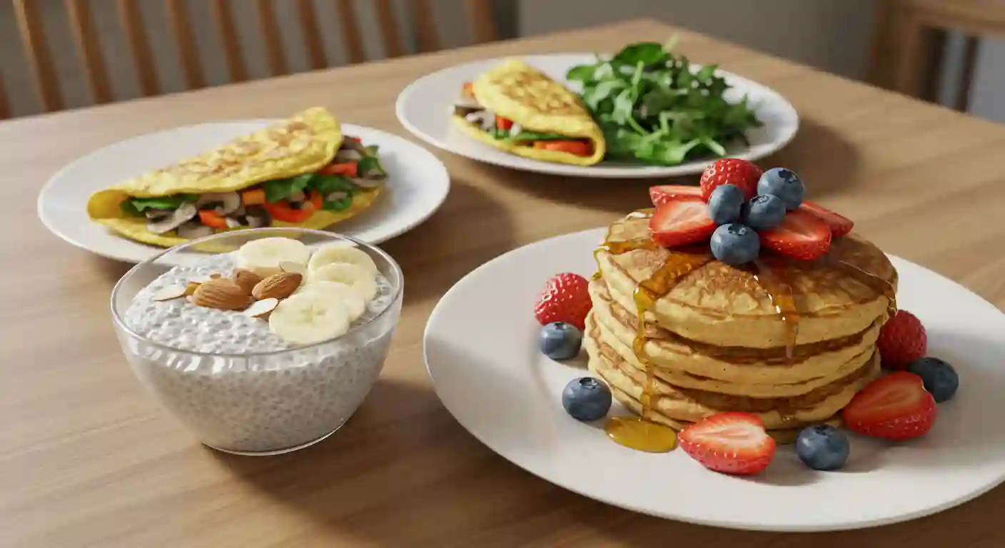 A nutritious gluten-free breakfast spread featuring fluffy pancakes with berries, a chia seed pudding with banana and almonds, and vegetable omelets