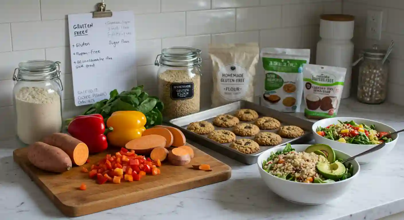 A gluten-free meal prep setup with fresh ingredients, homemade cookies, quinoa salad, and various gluten-free flour options neatly arranged on a kitchen counter.