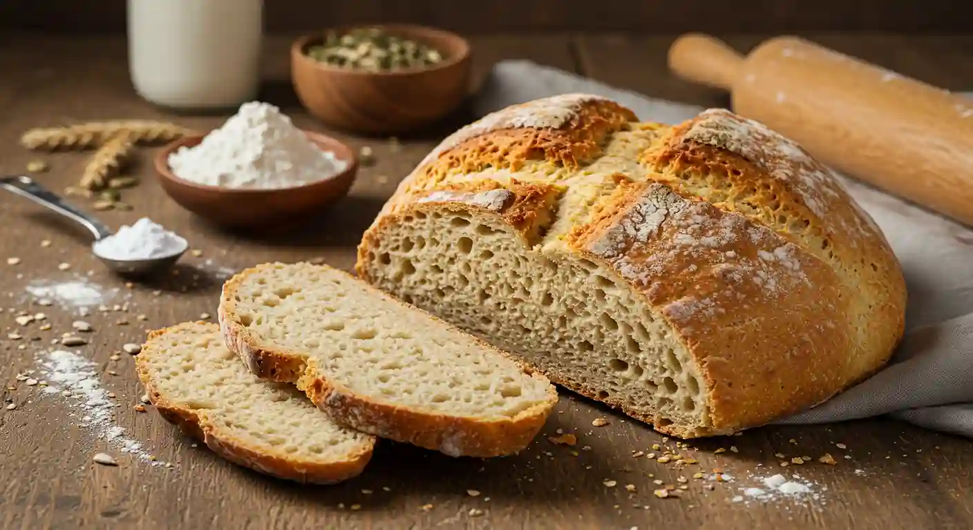 Golden-crusted Irish soda bread with a soft, airy texture, surrounded by flour, oats, and a rolling pin in a cozy kitchen setting.