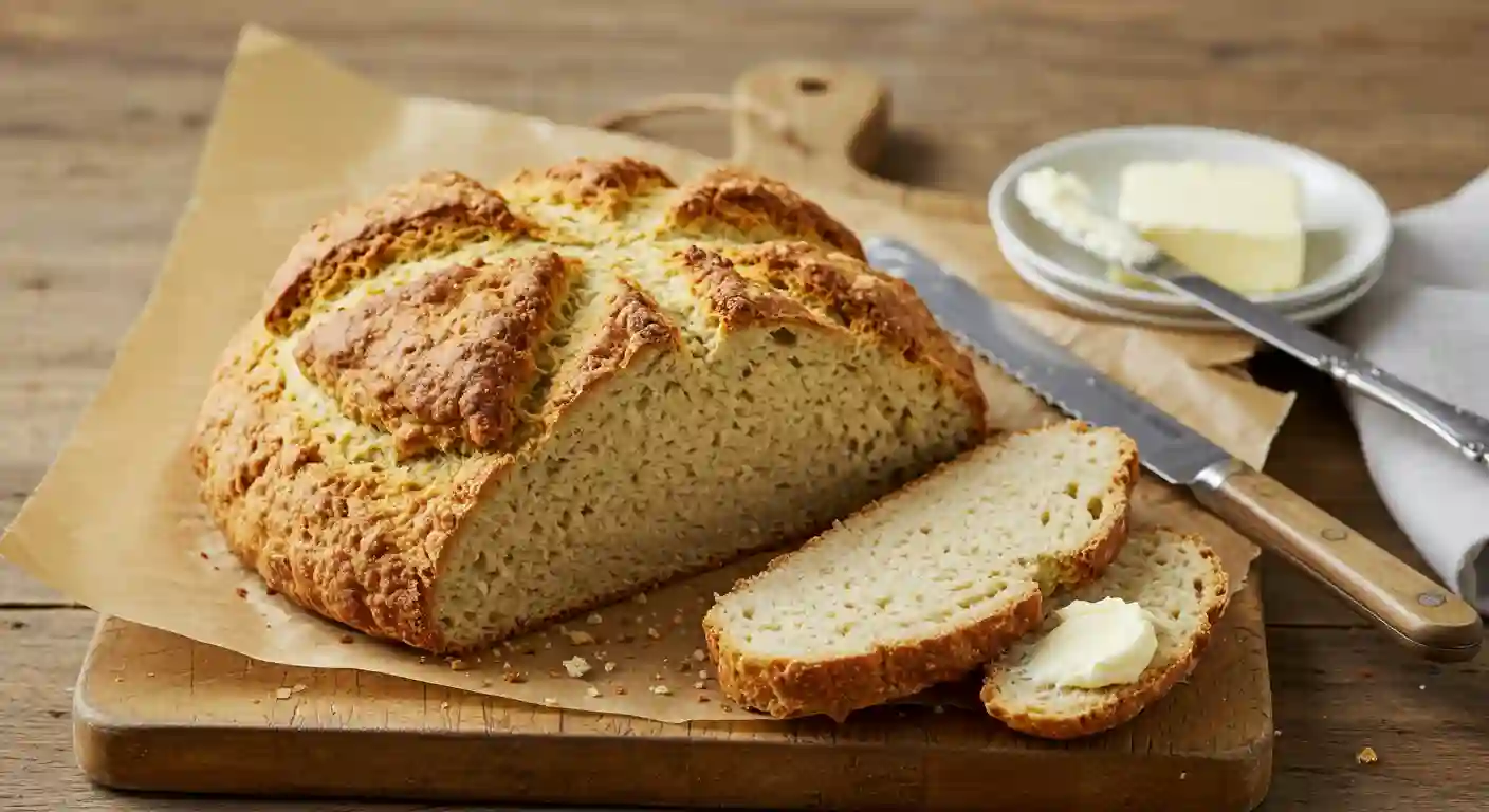 Rustic homemade Mary Berry soda bread resting on a cutting board, with a buttered slice ready to eat.