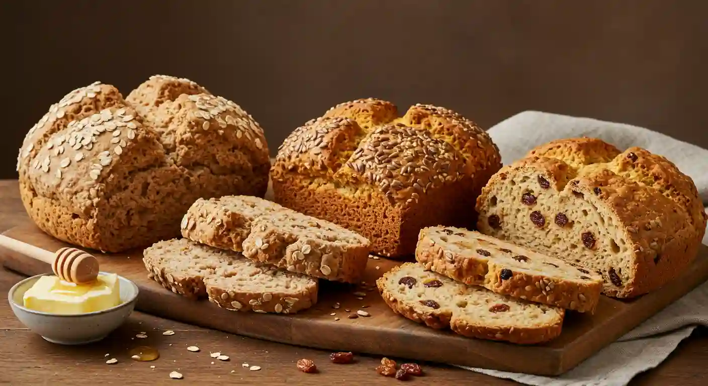 A variety of soda bread loaves, including wholemeal and raisin versions, topped with oats and seeds, served with honey butter.