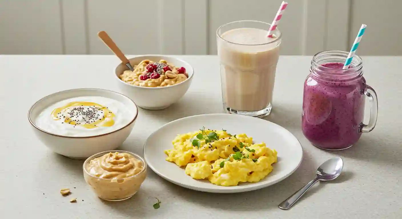 A protein-packed soft food breakfast for a bariatric diet, featuring scrambled eggs, Greek yogurt with chia seeds, peanut butter, and protein shakes.