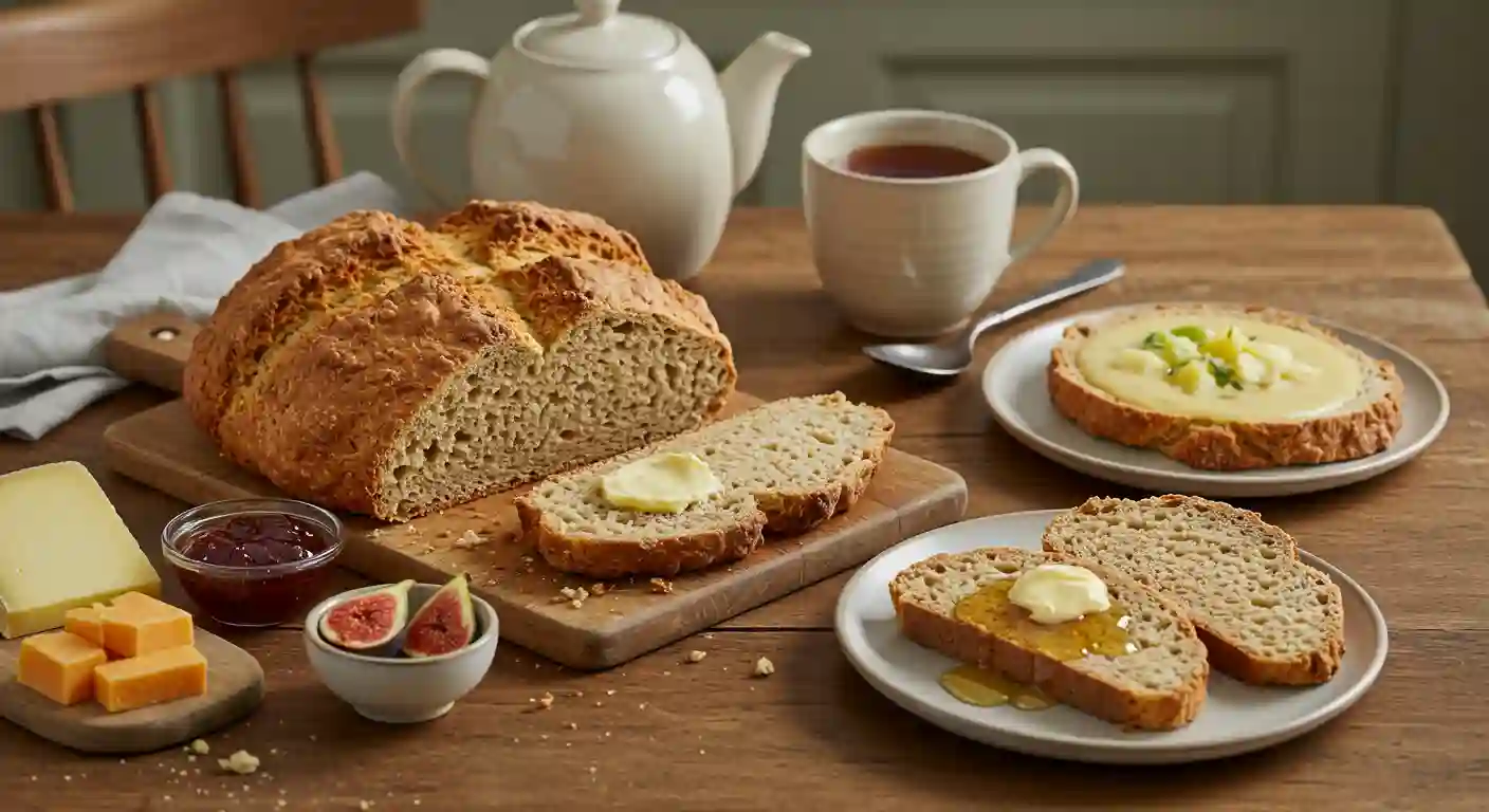 A breakfast table featuring Mary Berry’s soda bread, butter, jam, cheese, and a cup of tea, creating a warm and inviting atmosphere.