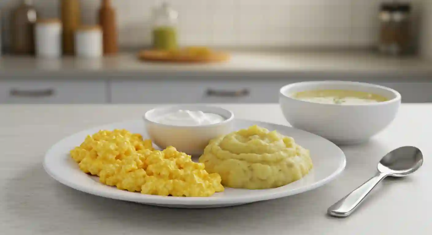 A soft food diet meal with scrambled eggs, mashed potatoes, Greek yogurt, and a bowl of creamy soup, ideal for post-bariatric surgery recovery.