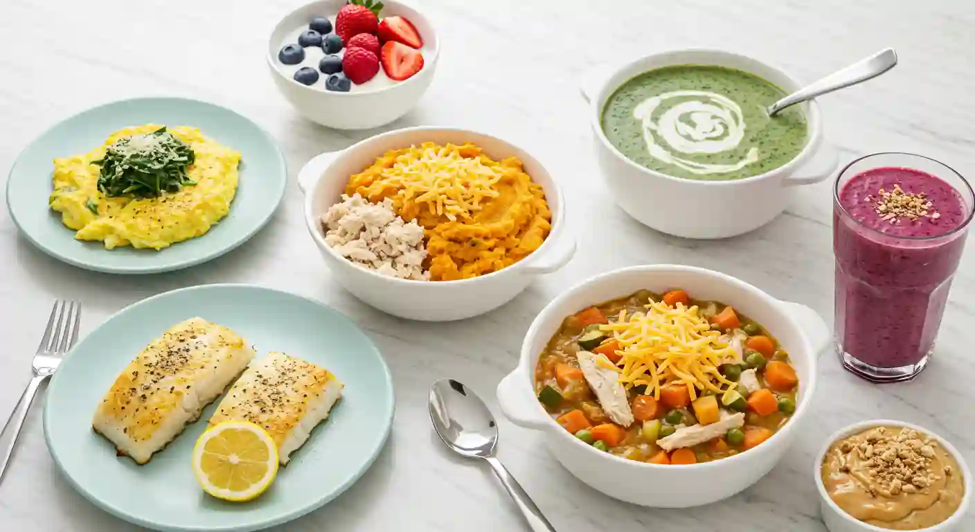 A variety of soft food recipes featuring scrambled eggs, mashed sweet potatoes, baked fish, spinach soup, chicken stew, Greek yogurt, and protein smoothies.