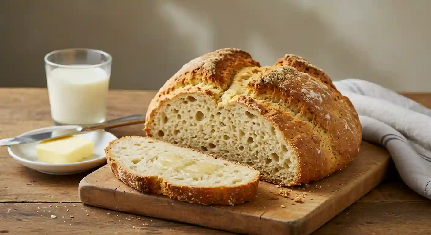 A loaf of traditional Irish soda bread with a golden-brown crust, served with a glass of milk, butter, and a sharp knife for slicing.