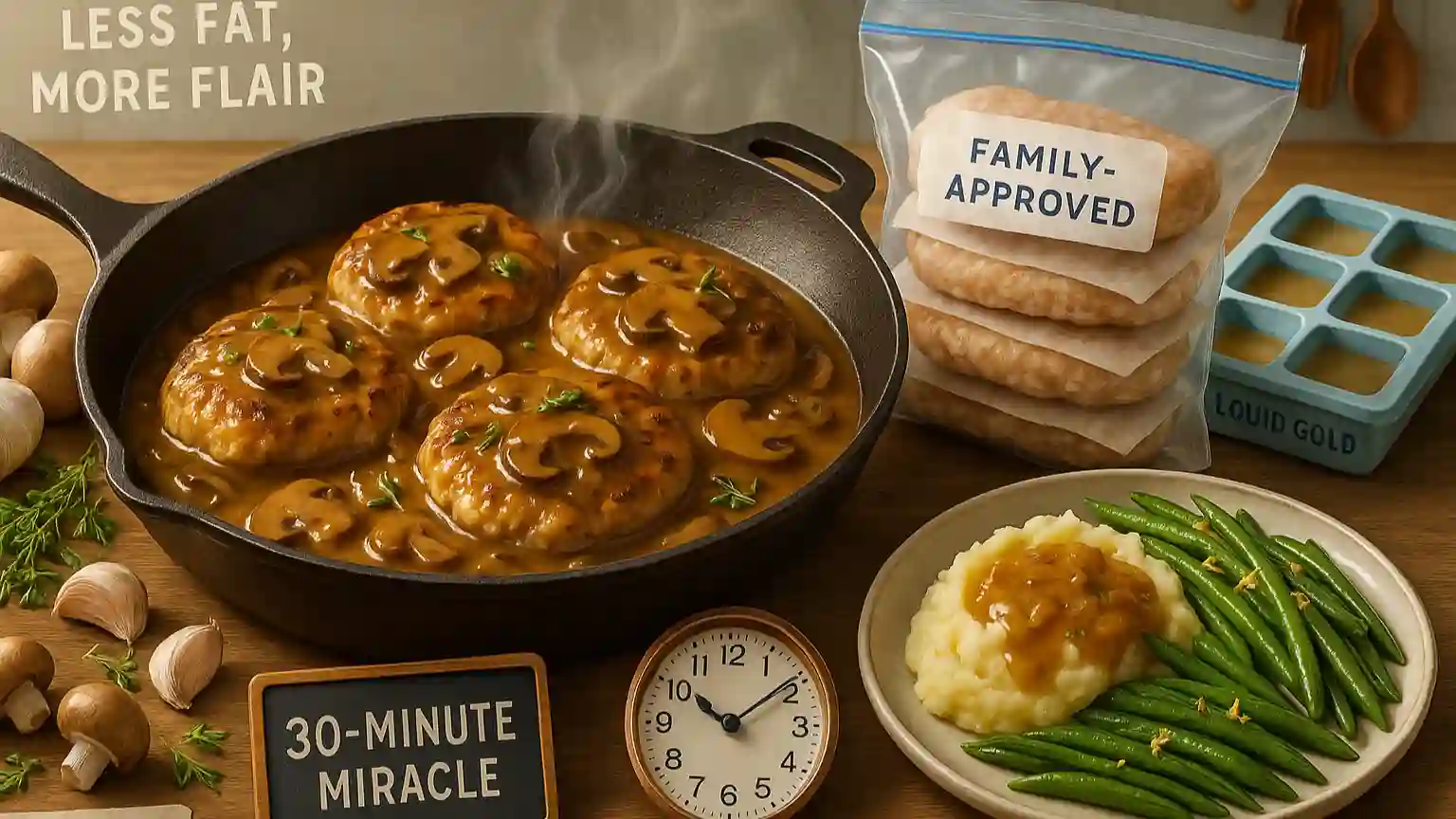 Ground chicken Salisbury steaks simmering in mushroom gravy in a cast iron skillet, served with mashed potatoes and green beans.