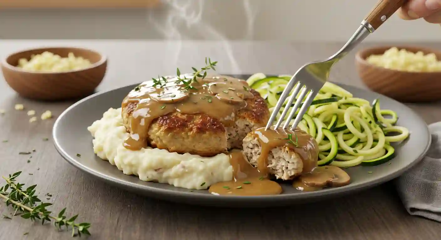 Healthy Salisbury steak made with ground chicken, served with mashed potatoes and zucchini noodles, topped with mushroom gravy.