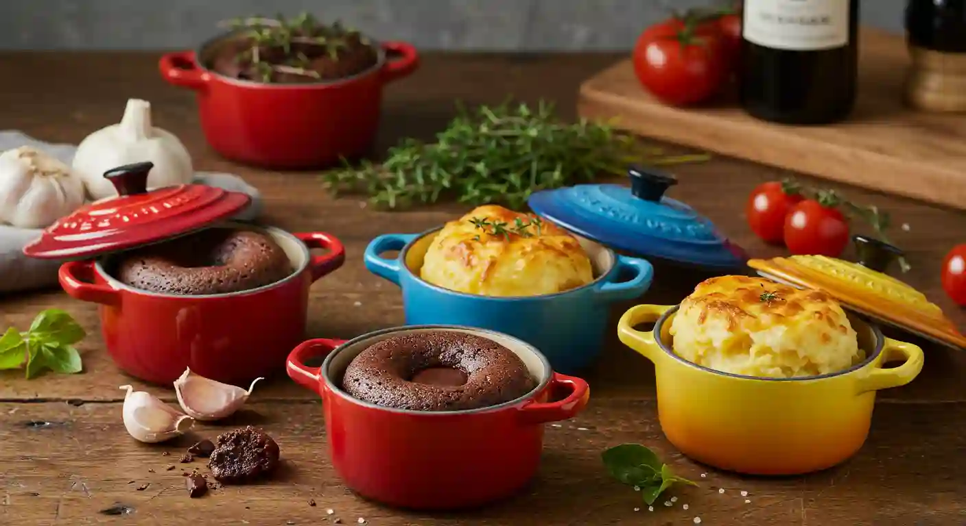 Assorted mini cocottes with chocolate lava cakes and golden baked soufflés, surrounded by garlic, herbs, and fresh tomatoes on a wooden table.