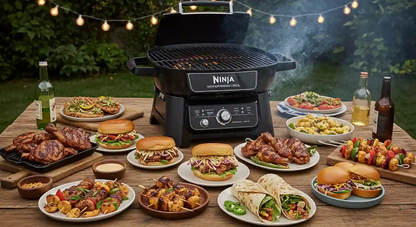 Outdoor BBQ spread with a Ninja Woodfire Grill surrounded by grilled chicken, burgers, skewers, tacos, and salads on a wooden picnic table with string lights in the background.