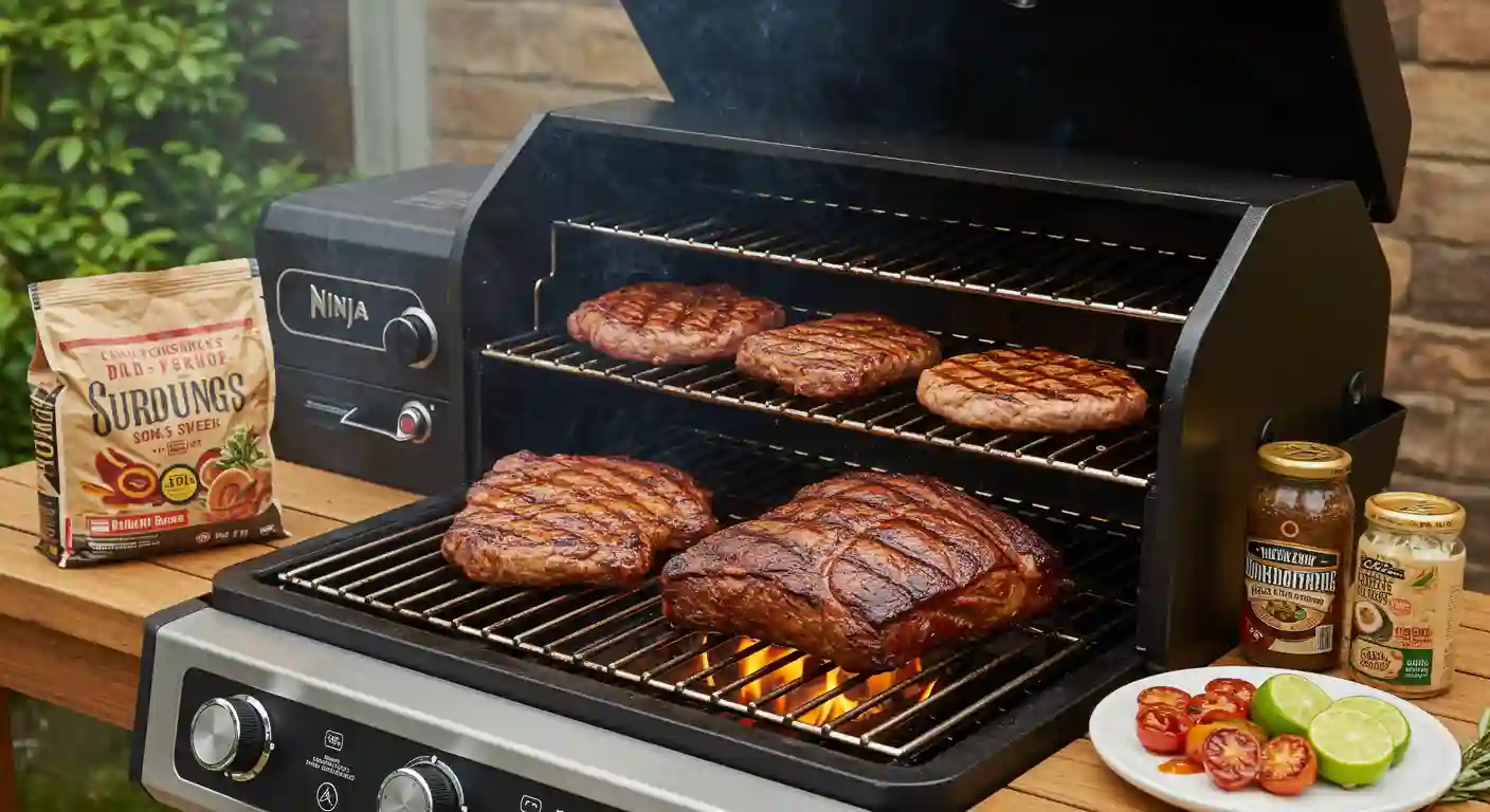Close-up of steaks and burger patties grilling on a Ninja Woodfire Grill with flames underneath, surrounded by chips, sauces, and fresh vegetables on a wooden table.