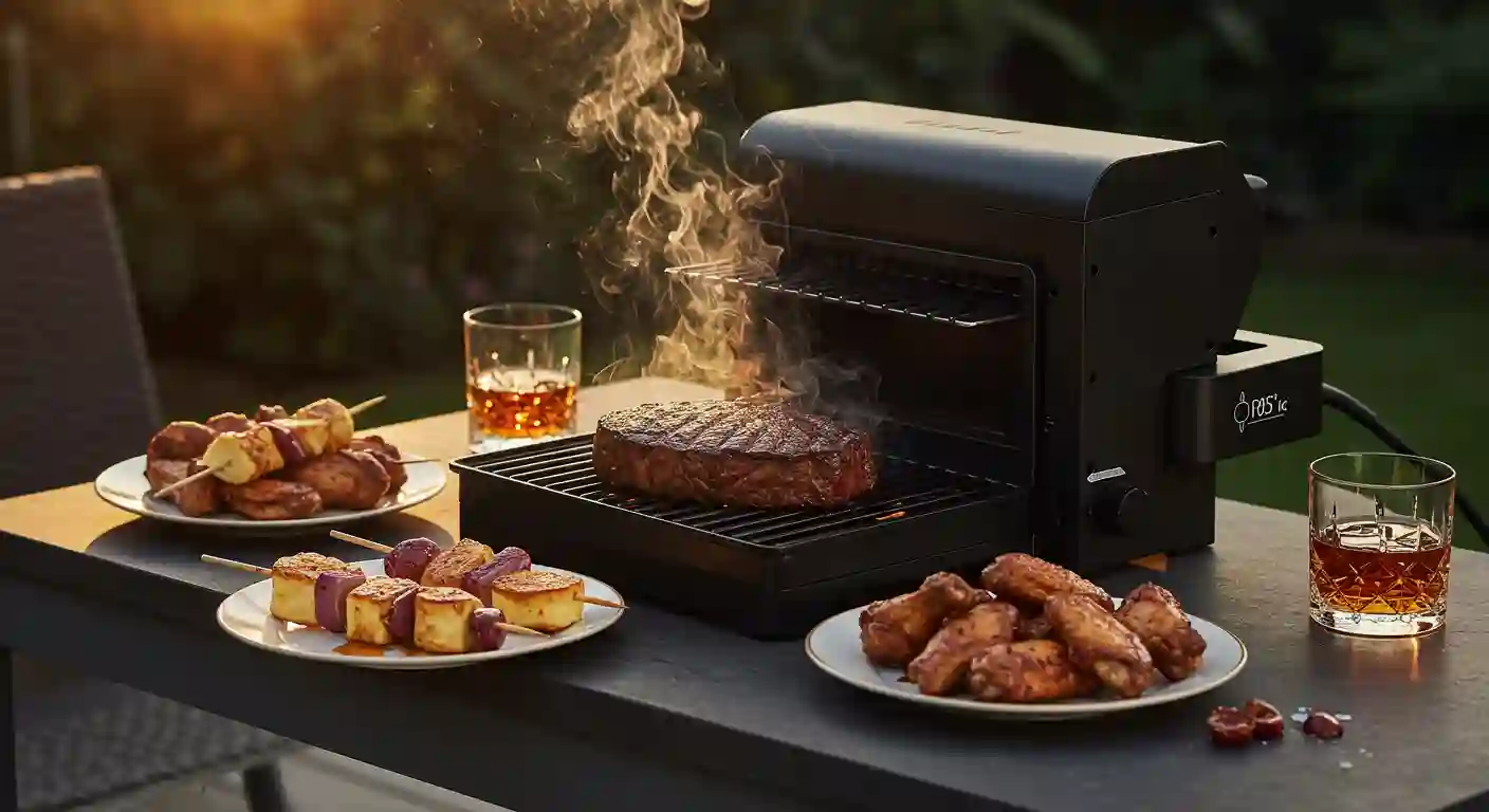 Juicy steak and skewers cooking on a Ninja Woodfire Grill outdoors