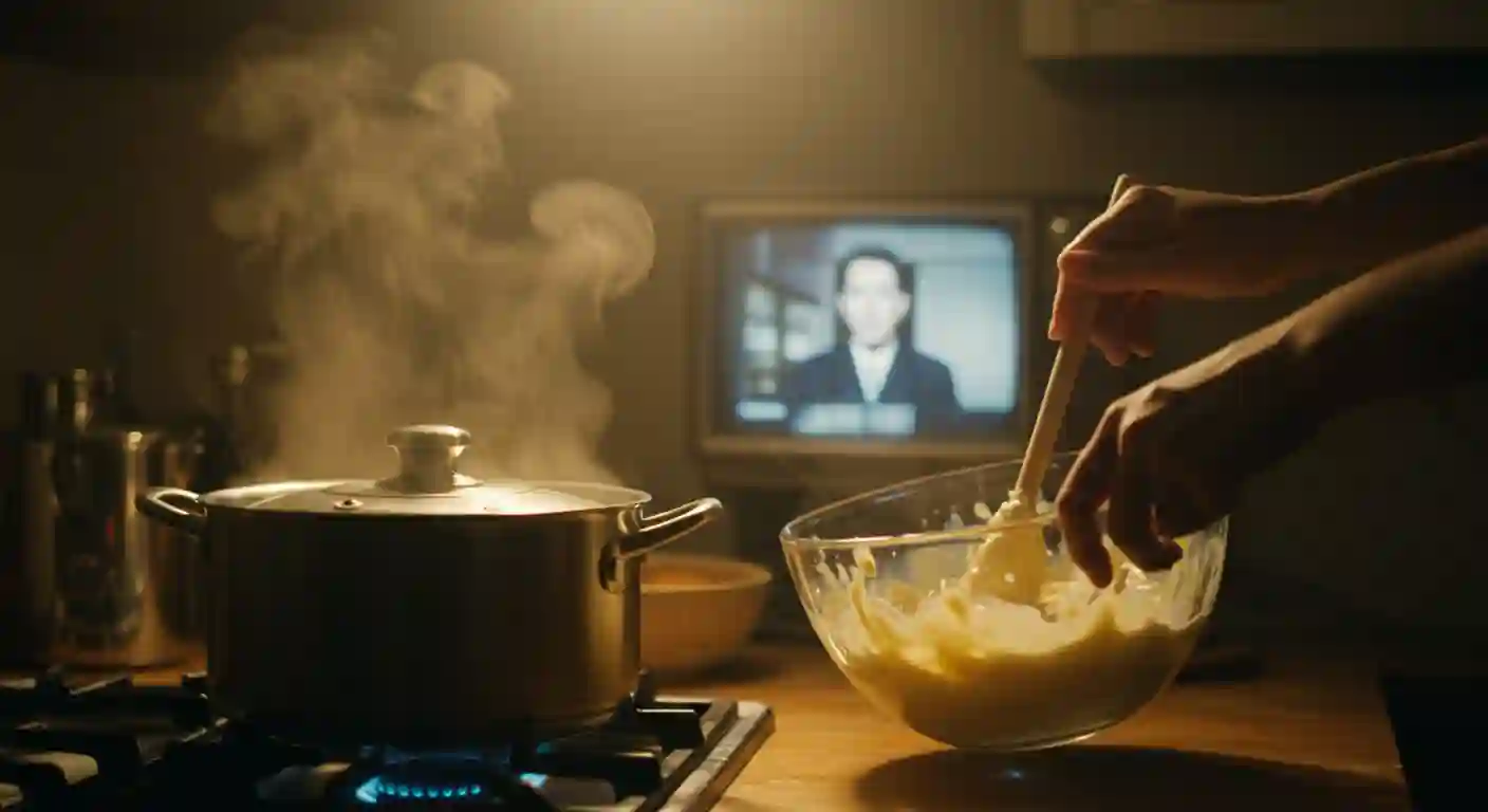 Person stirring batter in a kitchen with steam rising from a pot and a television playing in the background—classic cozy movie moment.