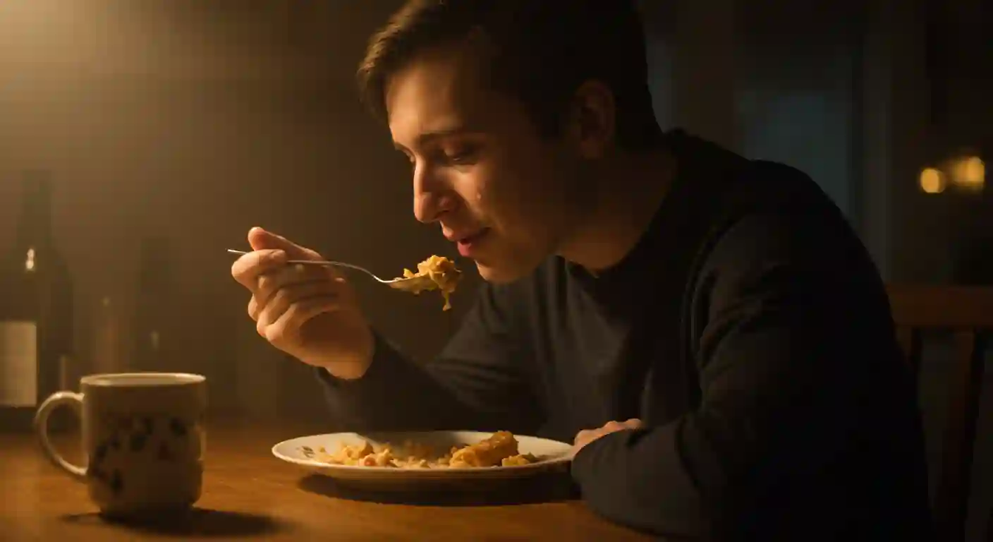 A young man eating alone at a dimly lit table, portraying an emotional and introspective moment from a movie scene.
