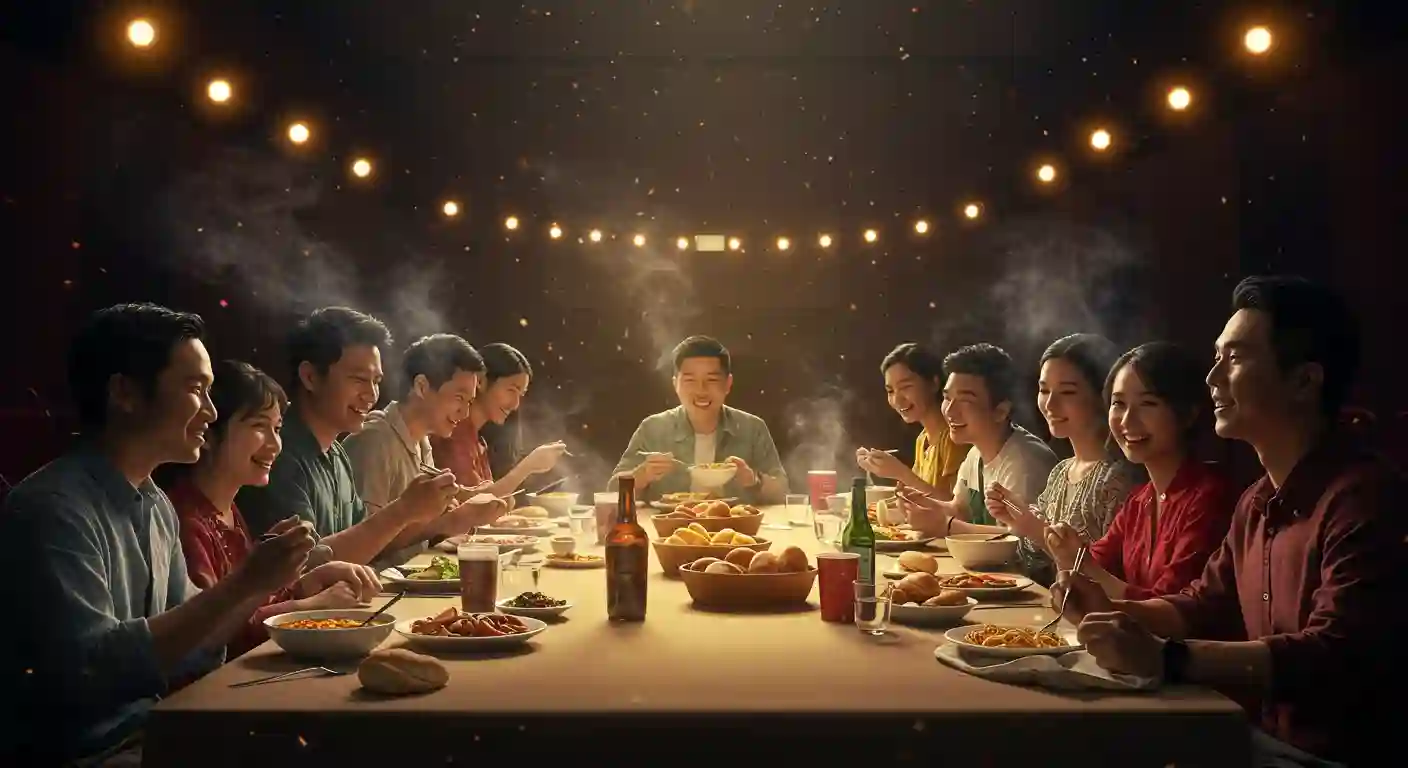 A large group of people enjoying a joyful, festive dinner together under string lights, capturing a warm and lively movie scene.
