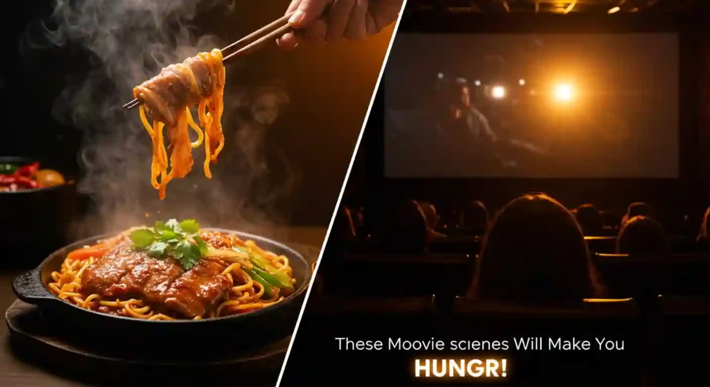 Steaming bowl of noodles in a dramatic movie scene split with a cinema audience watching a film, evoking hunger.