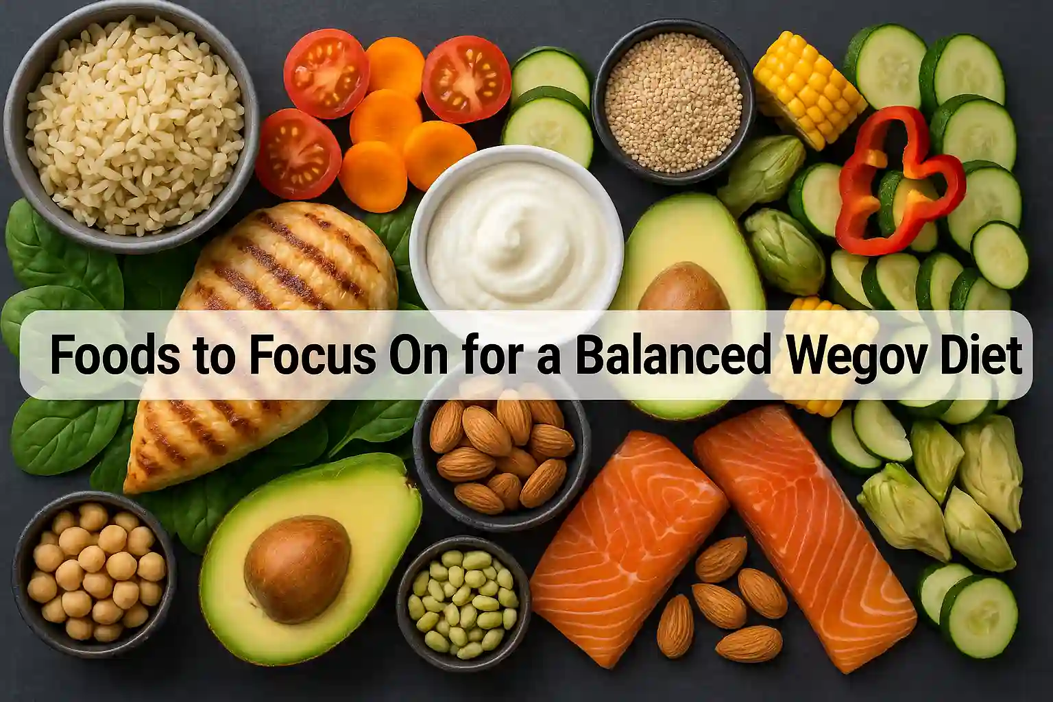 A variety of whole foods like salmon, avocado, chicken, nuts, grains, and vegetables to support a balanced Wegovy diet.