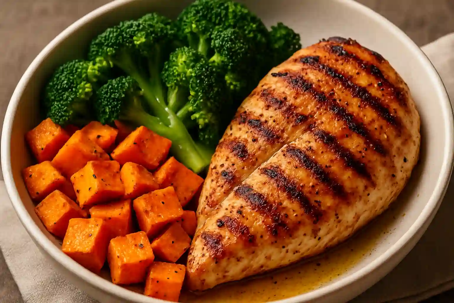 Grilled chicken breast served with steamed broccoli and roasted sweet potatoes — a low-calorie Wegovy diet plate.