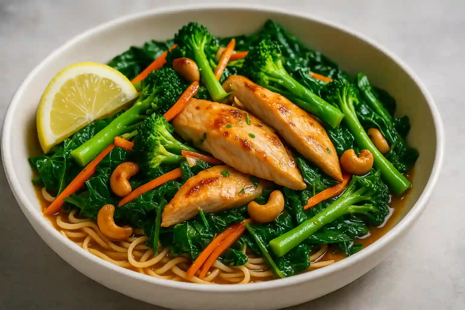 High-fiber noodle bowl with chicken strips, kale, broccoli, carrots, and cashews — hearty Wegovy diet recipe.