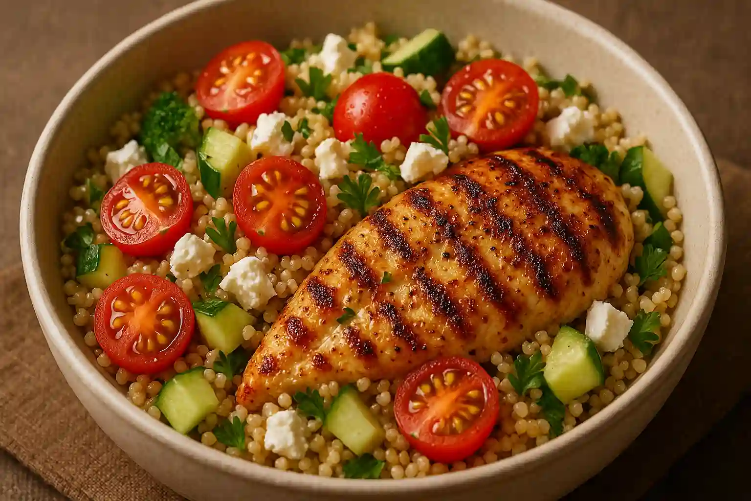 Grilled chicken on a bed of couscous with cherry tomatoes, cucumbers, feta cheese, and parsley — perfect for Wegovy.