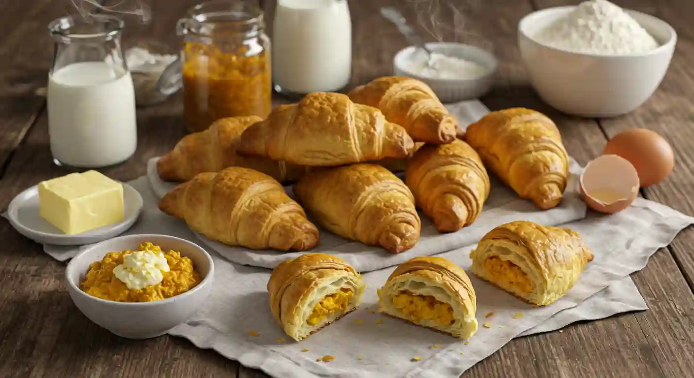 Homemade Swiss Gipfeli with creamy scrambled egg filling, served with butter, milk, and jam on a rustic breakfast table