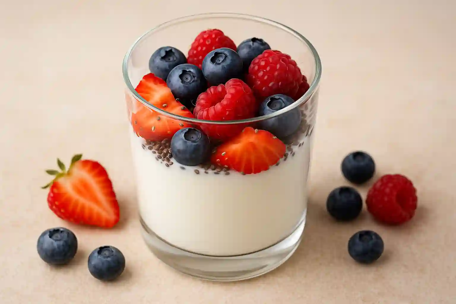 Glass of Greek yogurt topped with fresh strawberries, blueberries, raspberries, and chia seeds — a Wegovy-friendly breakfast option.