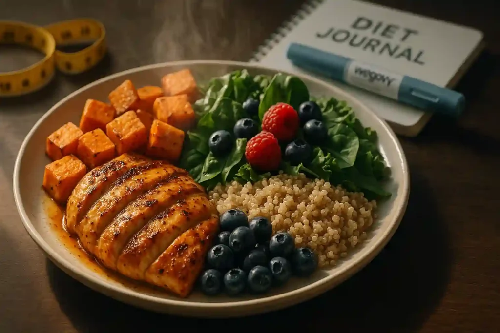 Grilled chicken with quinoa, sweet potatoes, spinach, and mixed berries — ideal Wegovy-friendly balanced meal.