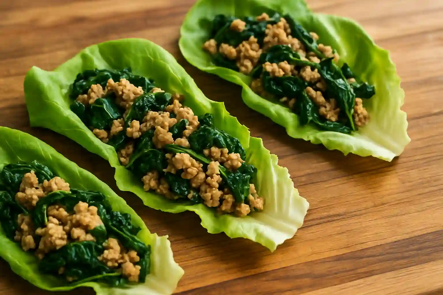Low-carb lettuce wraps filled with sautéed spinach and lean ground meat — great high-protein Wegovy snack idea.