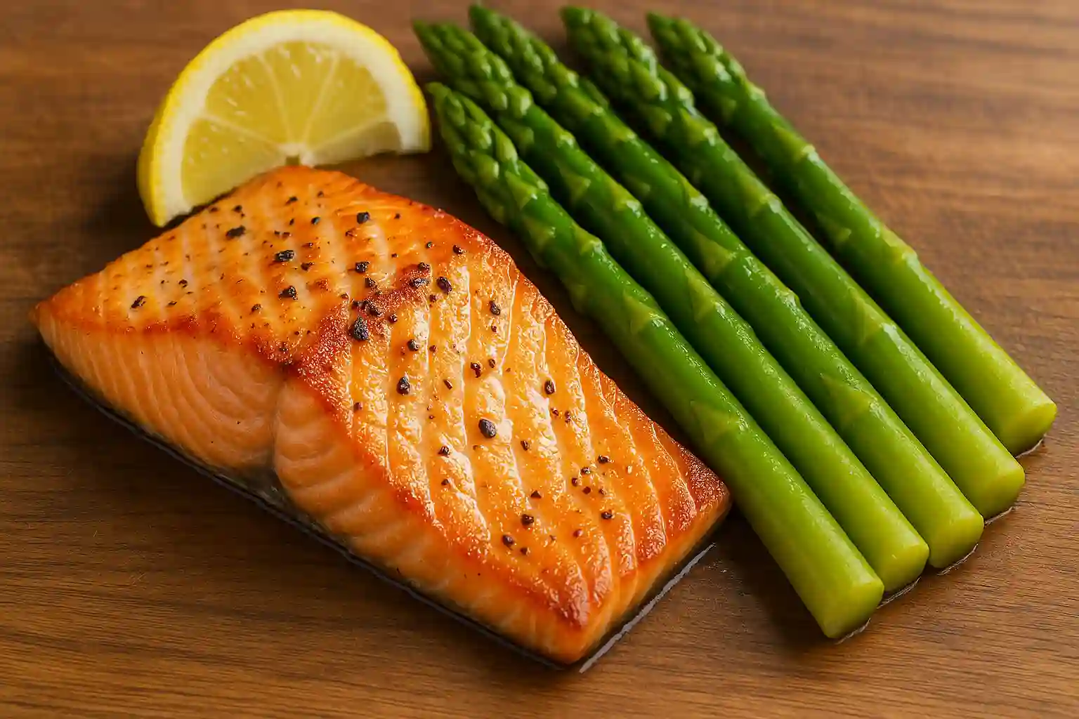 Oven-baked salmon fillet with asparagus spears and lemon wedge — ideal for Wegovy-friendly nutrient-packed dinner.