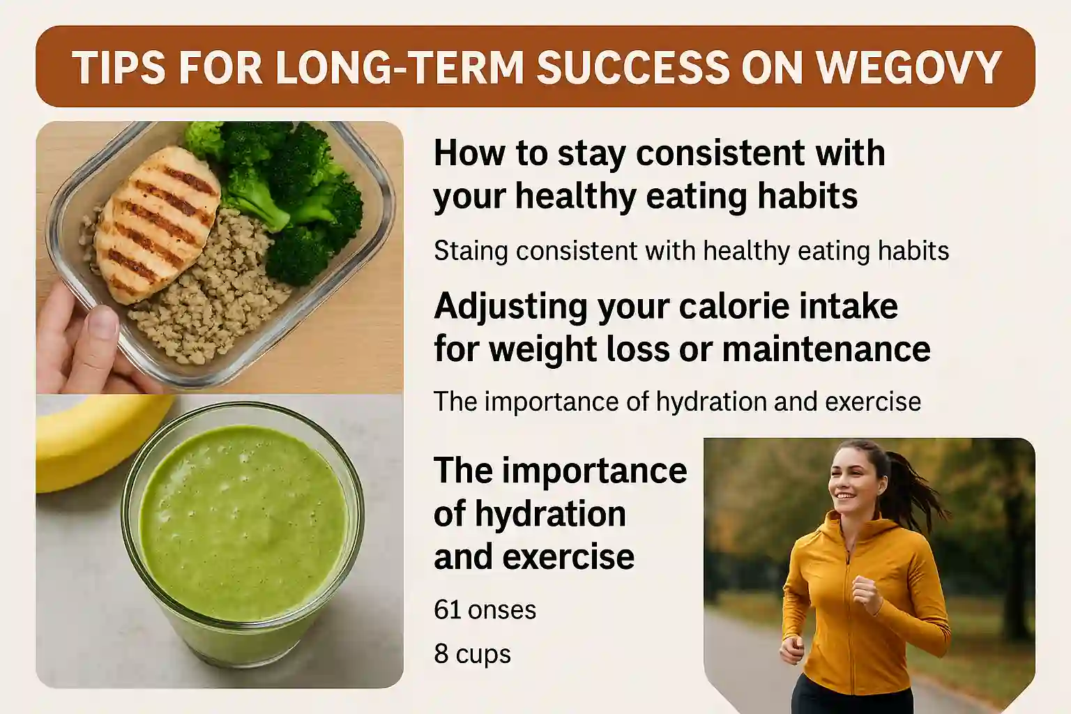 Infographic showing tips for long-term success on Wegovy with images of healthy food, a green smoothie, and a woman jogging — highlighting consistency, calorie control, and hydration.