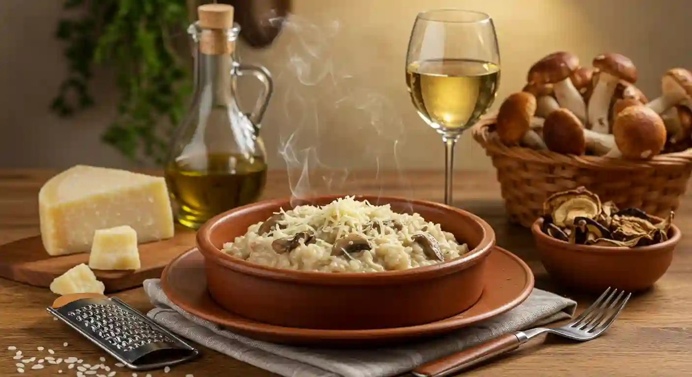 A bowl of mushroom risotto on a wooden table, with a glass of white wine, a basket of fresh mushrooms, and dried mushrooms in the background.