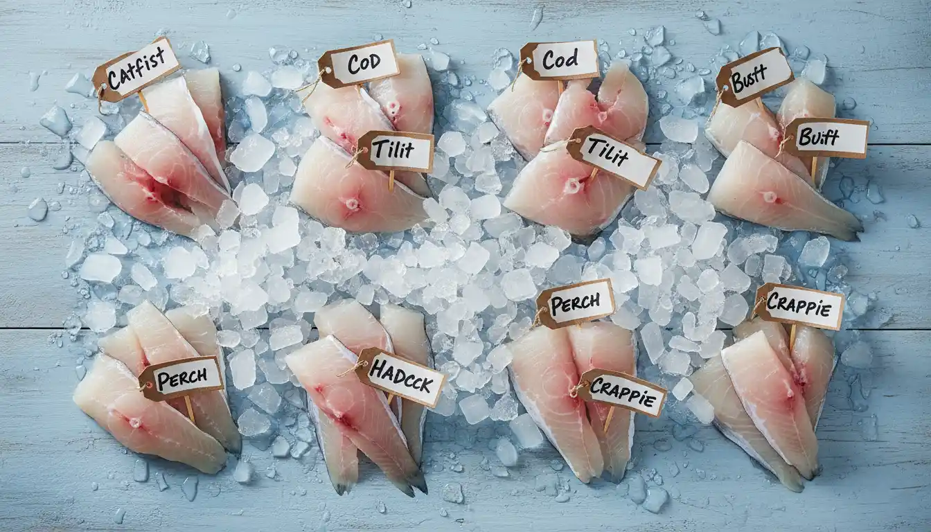 Assorted mild white fish fillets including catfish, cod, tilapia, haddock, perch, and crappie displayed on ice.