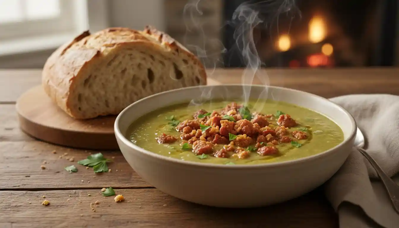 A hearty bowl of classic Goya split pea soup, steaming and topped with crumbled sausage, served with a loaf of crusty bread.