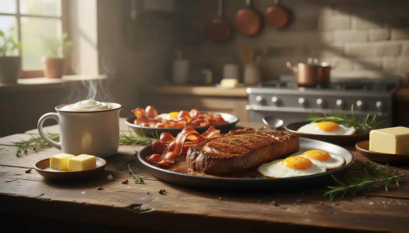 Featured image of Ketovore recipes: grilled steak, bacon, eggs, and butter coffee for an animal-based low-carb lifestyle.