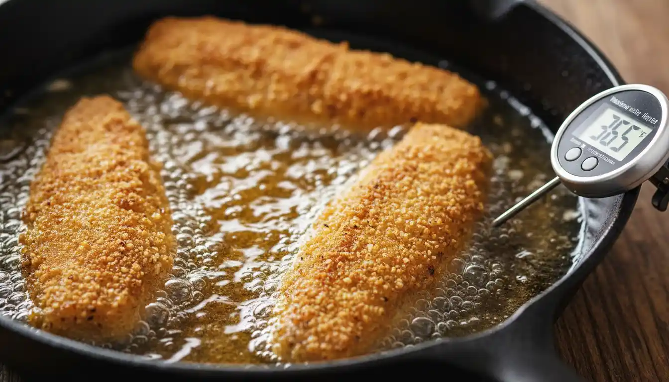 Fish fillets frying in cast-iron skillet at 365°F showing sizzling oil and golden crispy coating.