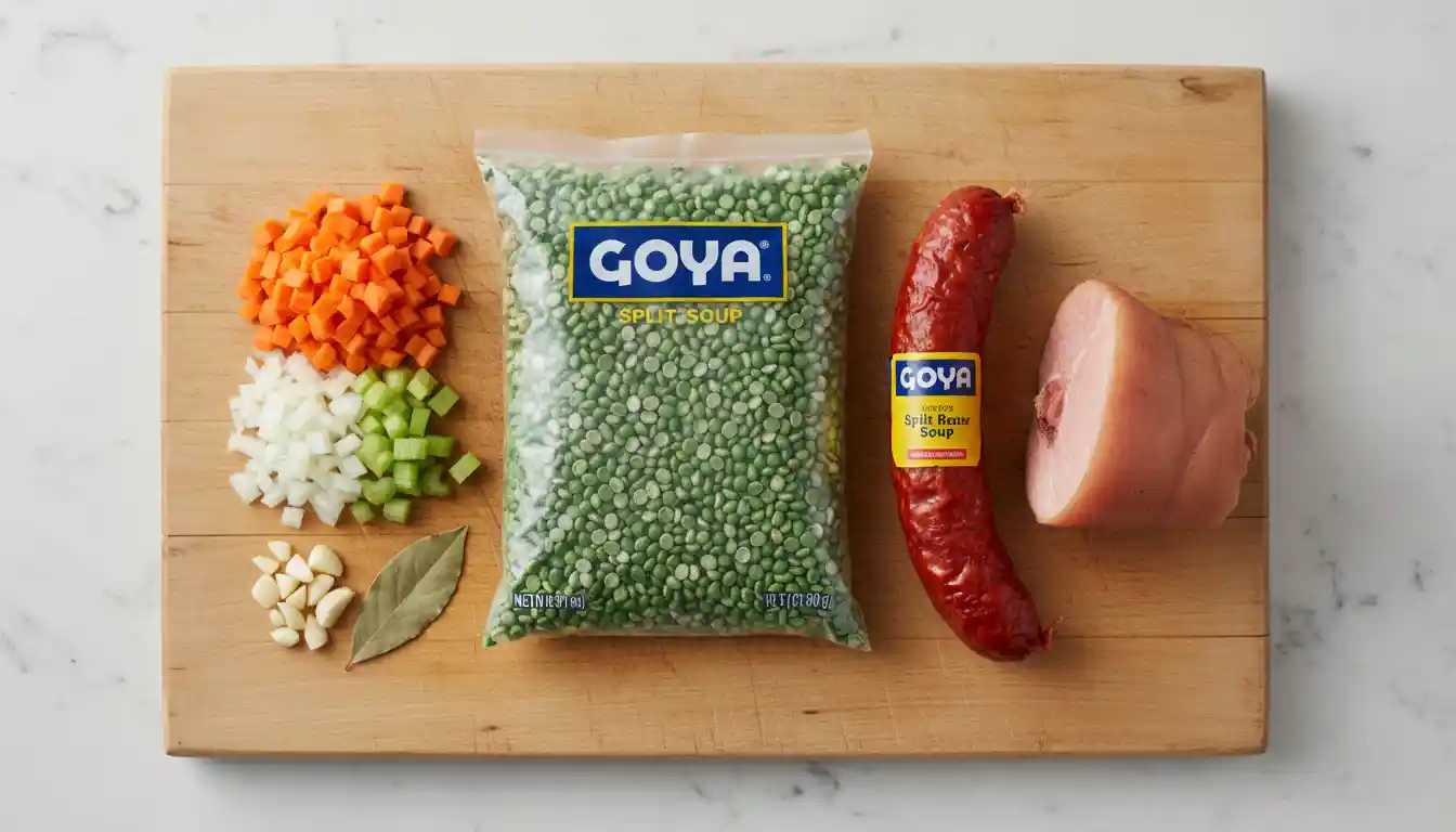 Ingredients for the Goya split pea soup recipe laid out on a wooden cutting board, including a bag of Goya split peas, a ham hock, chorizo, carrots, onion, and celery.