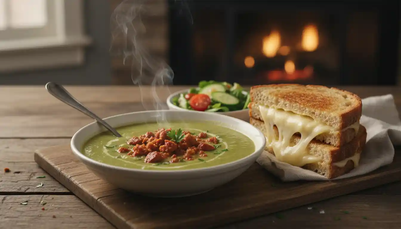 A comforting bowl of steaming Goya split pea soup topped with chorizo, served with a gooey grilled cheese sandwich and a side salad in front of a cozy fireplace.