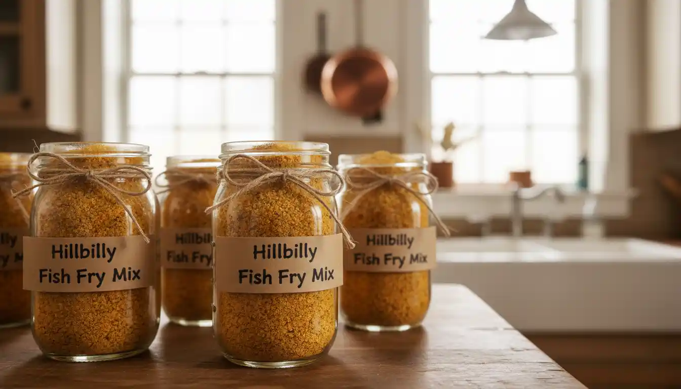 Rustic mason jars labeled Hillbilly Fish Fry Mix filled with golden seasoning blend in farmhouse kitchen.