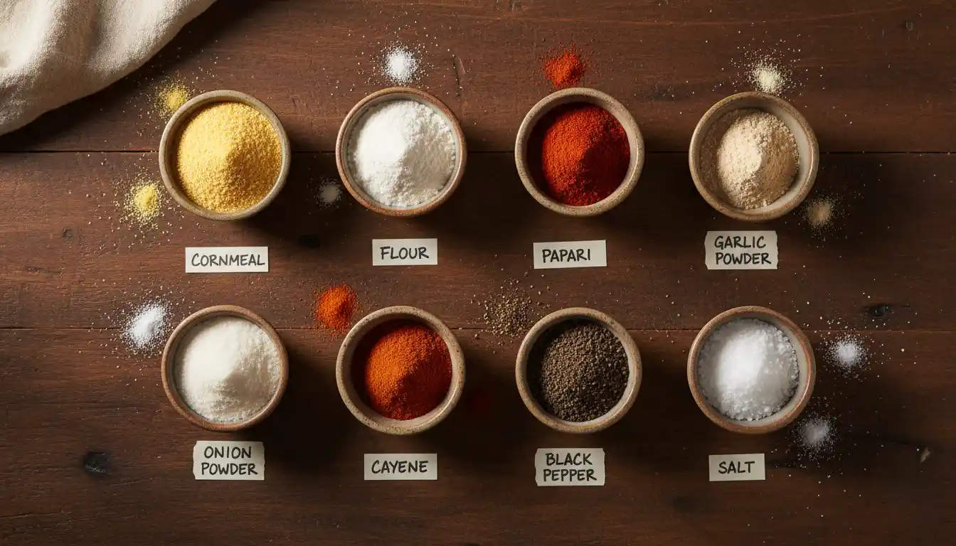 Flat lay of Hillbilly Fish Fry Seasoning ingredients including cornmeal, flour, paprika, garlic powder, and cayenne on rustic wood counter.