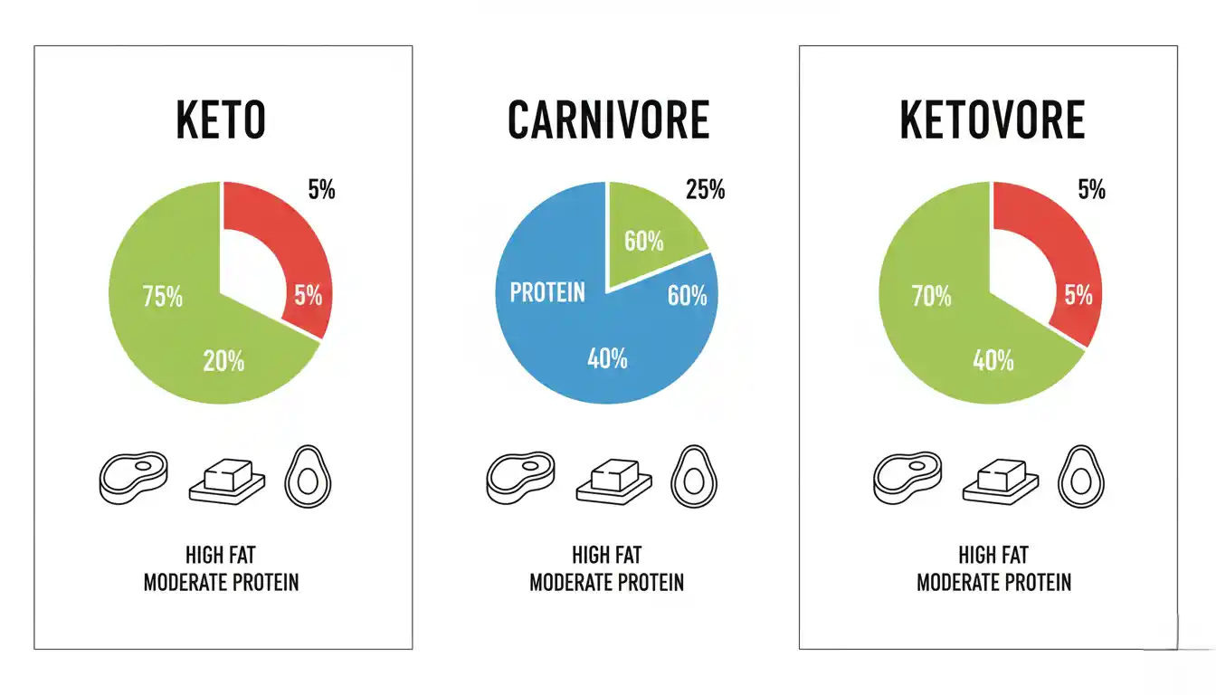 Infographic comparing the keto diet vs. the carnivore diet vs. the ketovore diet macronutrient breakdown.