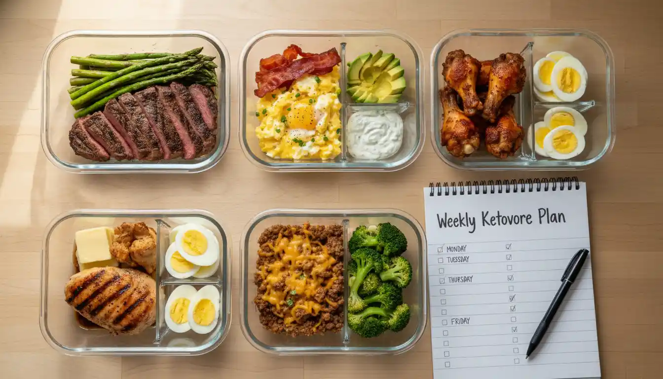Ketovore meal prep containers organized for a weekly animal-based meal plan.