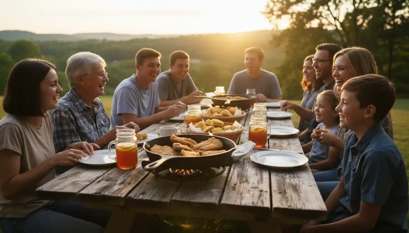 Appalachian family cooking and enjoying a backyard hillbilly fish fry at sunset with cast-iron skillet and sweet tea.