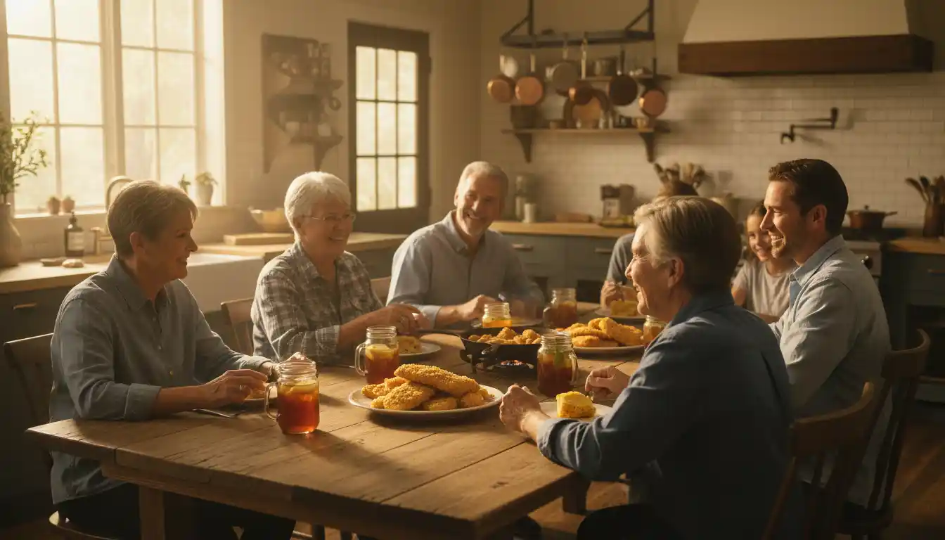 Southern family sharing fried fish, cornbread, and sweet tea around rustic wooden table during hillbilly fish fry dinner.
