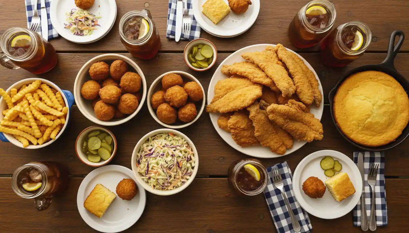 Southern-style serving spread with fried fish, hush puppies, coleslaw, fries, cornbread, and sweet iced tea.