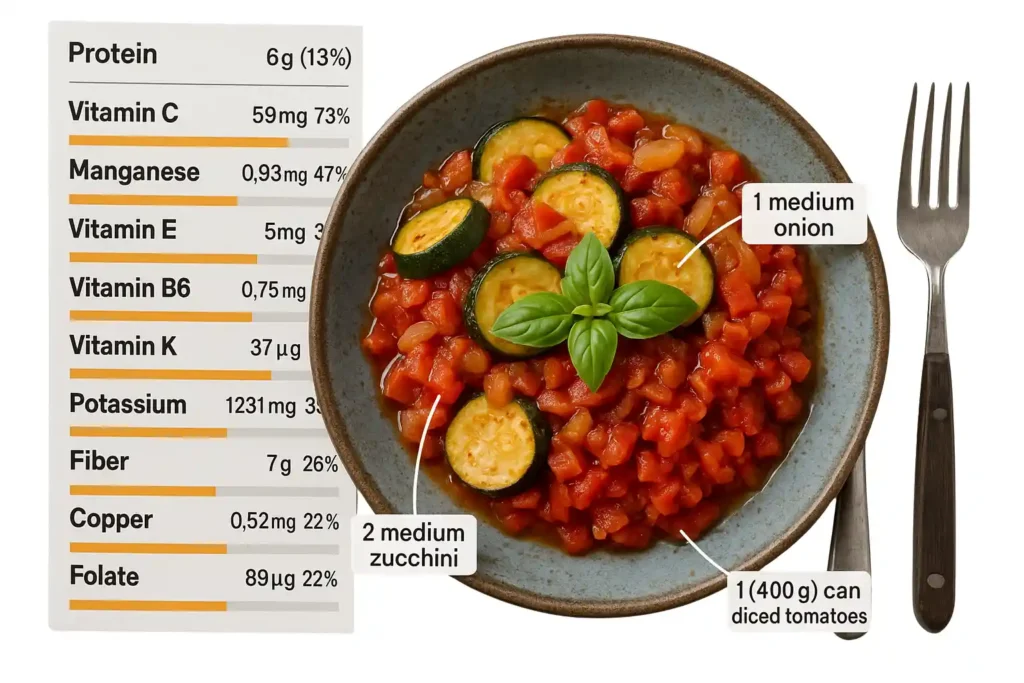 A flat lay image shows a healthy ratatouille dish. It includes zucchini, tomatoes, and onions. Next to it is a recipe nutrition calculator. This panel displays protein, vitamins, minerals, and fiber content.