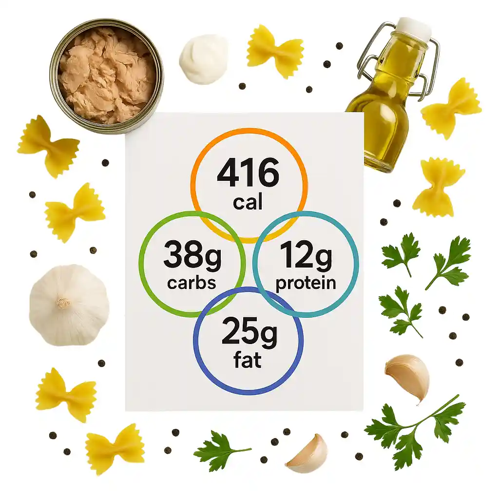 Recipe nutrition calculator infographic showing 416 calories, 38g carbs, 12g protein, and 25g fat surrounded by tuna, pasta, garlic, olive oil, and parsley on a white background.