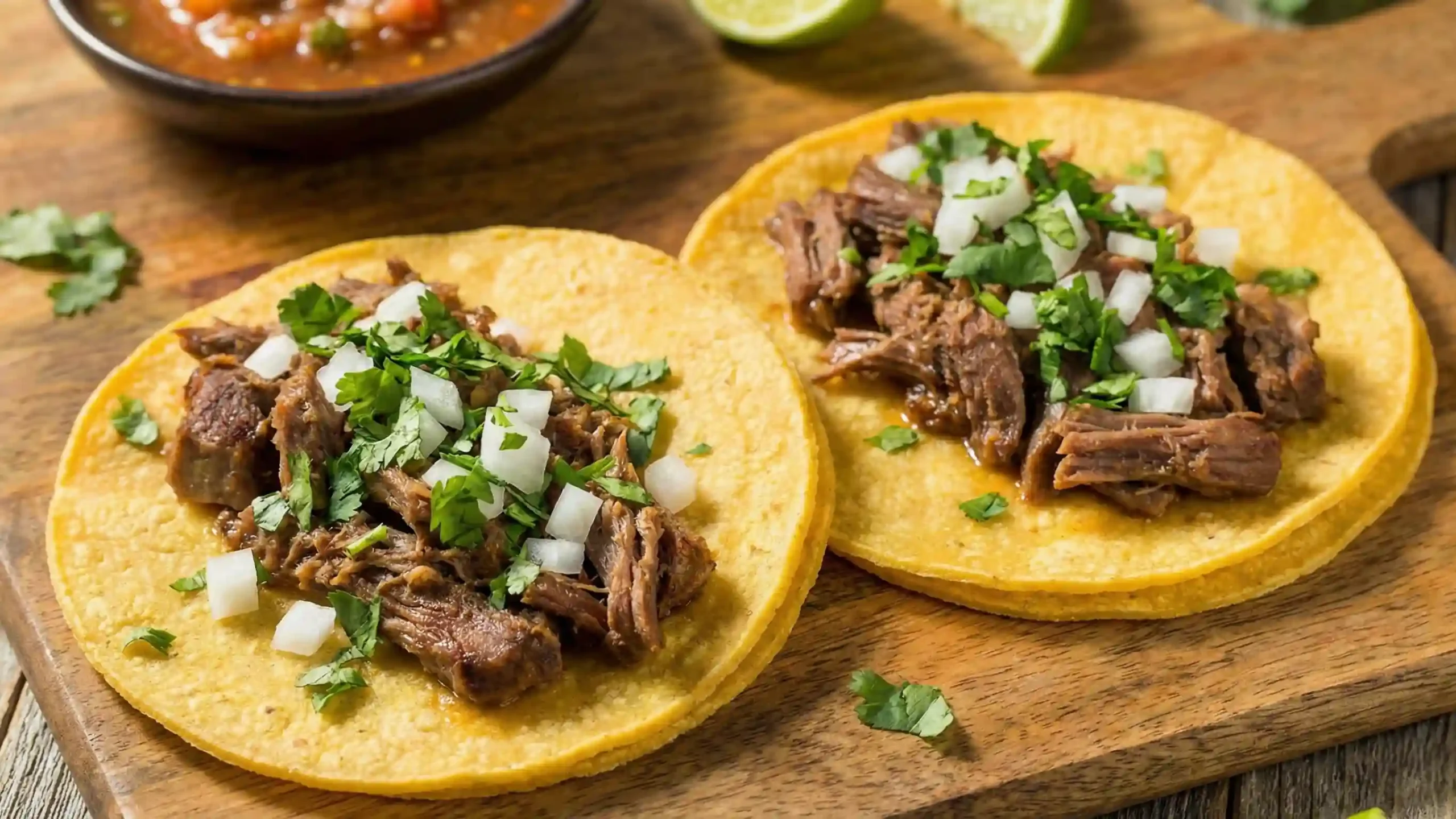 Three authentic Mexican lengua tacos filled with crispy beef tongue, topped with fresh chopped cilantro and diced white onions on warm corn tortillas