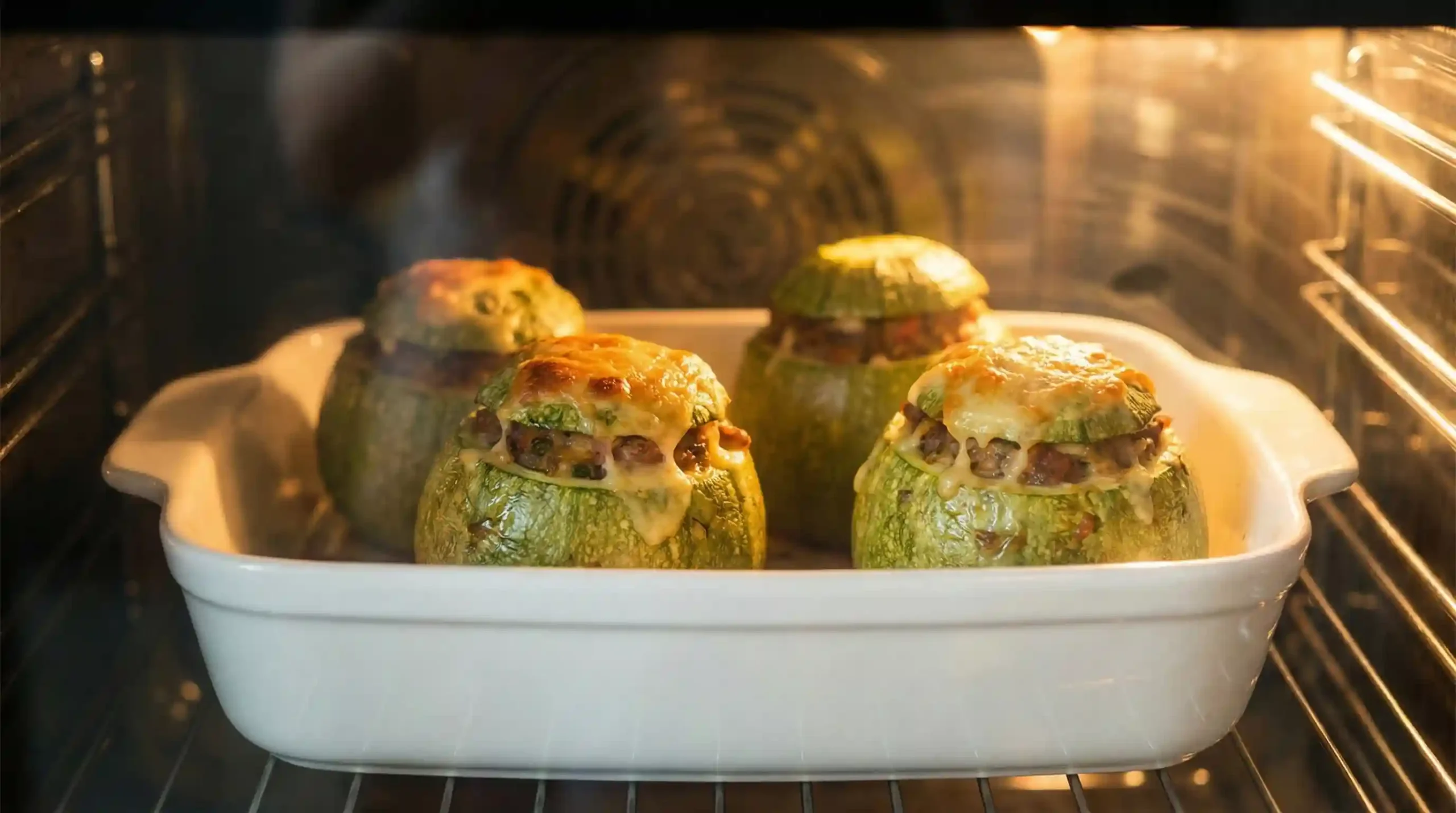 Stuffed round zucchini recipes baking in a hot oven with bubbling golden cheese.