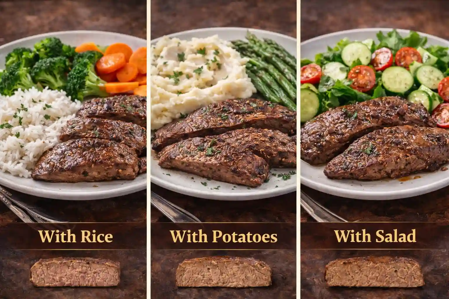 Full plates of beef liver served with mashed potatoes, rice, steamed vegetables, and side salad showing classic and light pairings